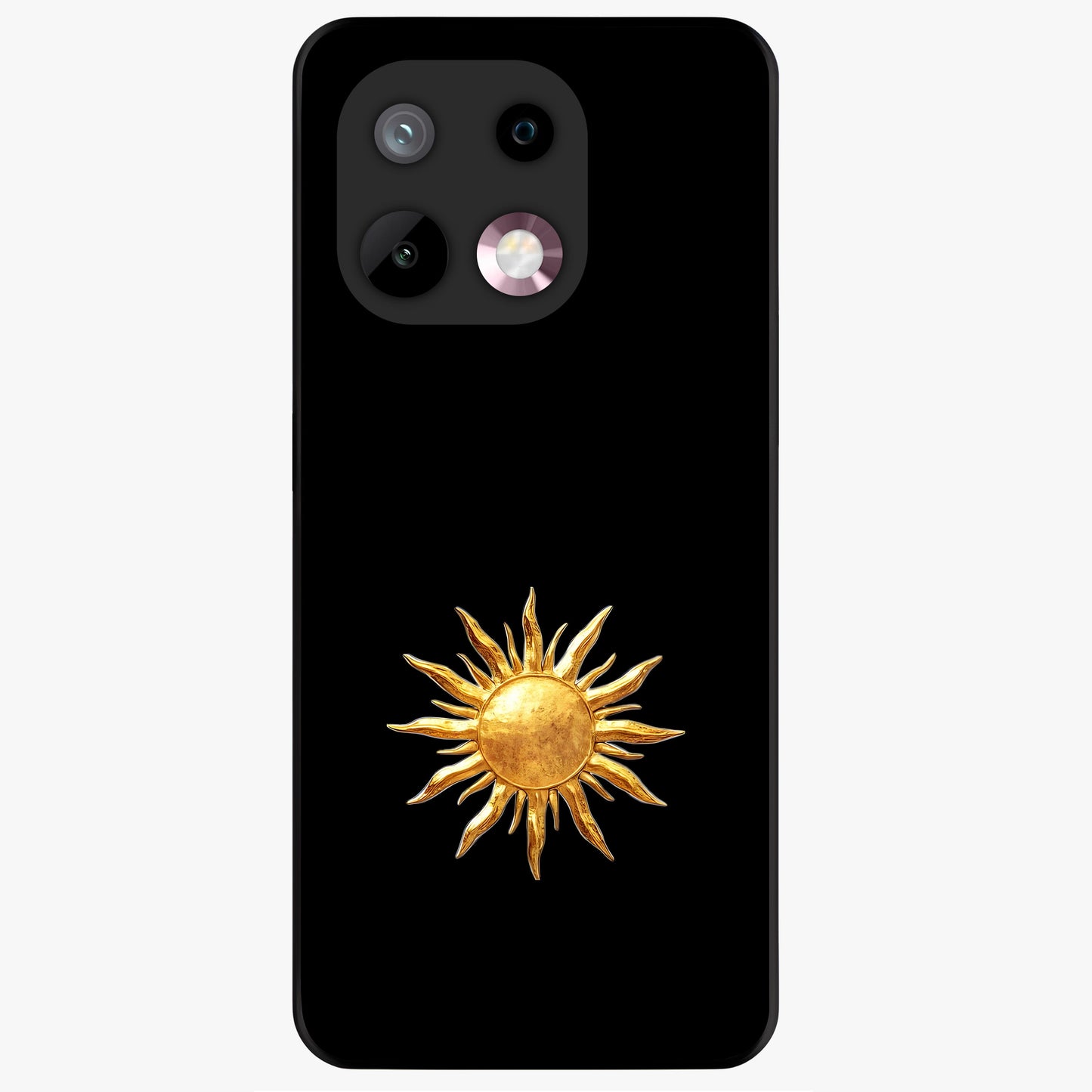 Golden Sun Minimalism Glass Case showing flat back view with minimal golden sun artwork and glossy glass finish.