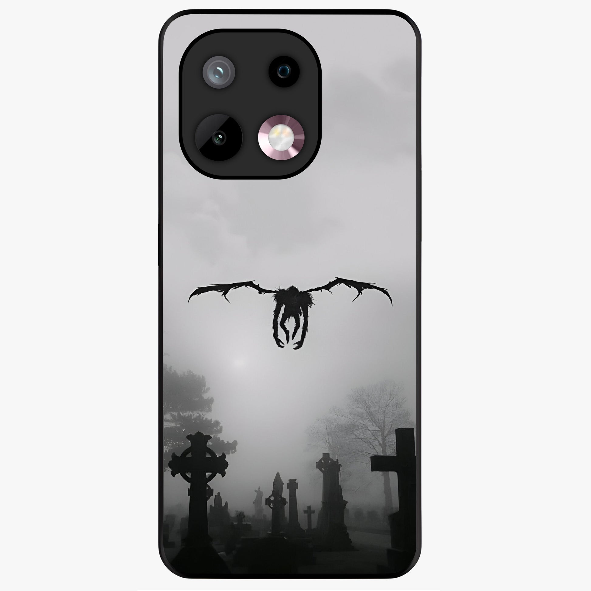 Graveyard Shadow Descent Glass Case showing flat back view with dark graveyard themed artwork and glossy glass finish.