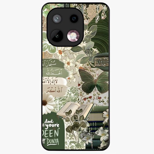 Green Islamic Books Quotes Glass Case showing flat back view with Islamic quotes and book themed artwork and glossy glass finish.