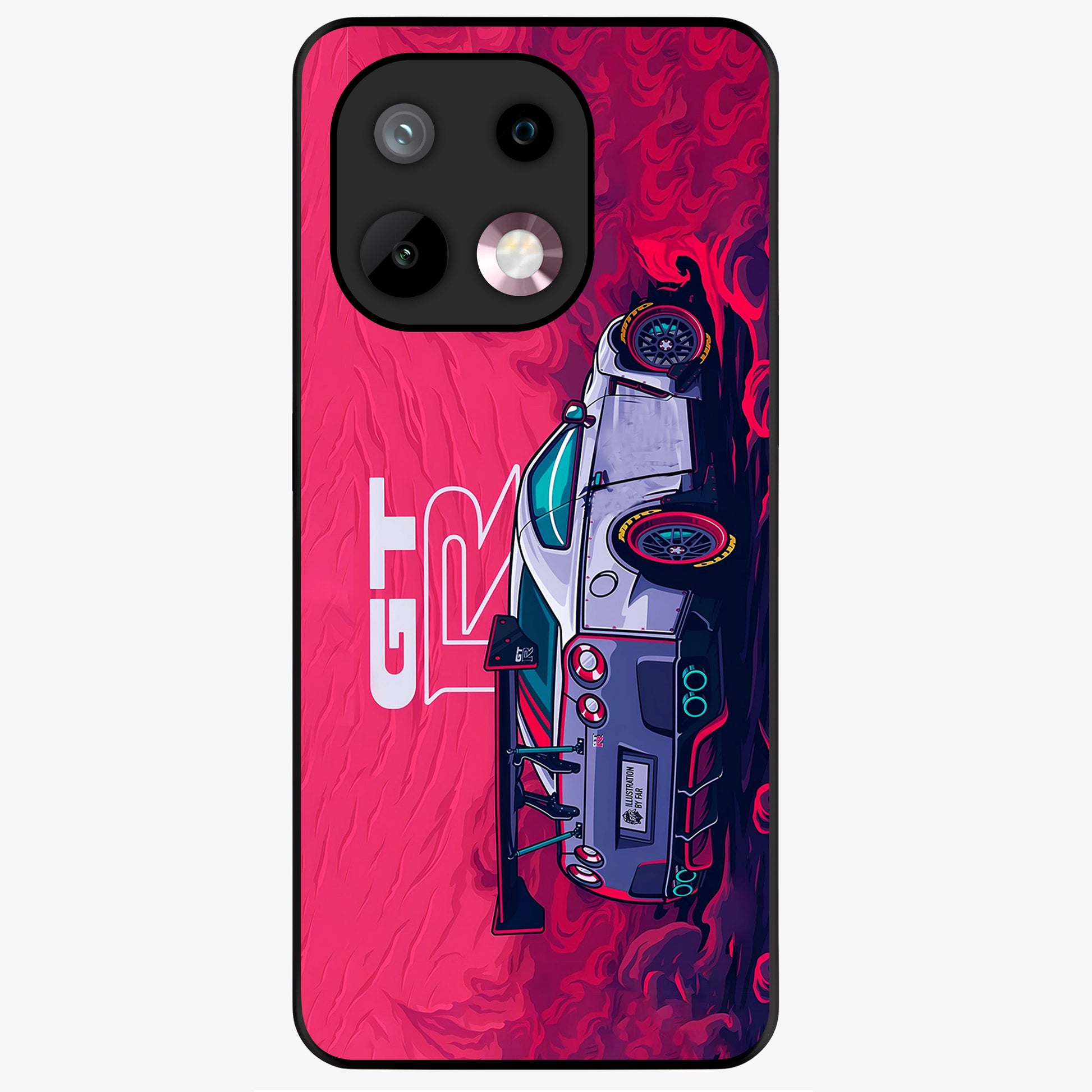 GT-R Car Pattern Glass Case showing flat back view with sporty car inspired pattern artwork and glossy glass finish.