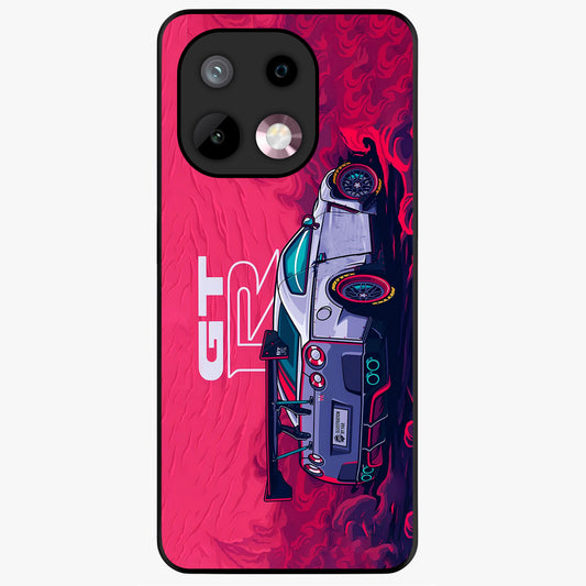 GT-R Car Pattern Glass Case showing flat back view with sporty car inspired pattern artwork and glossy glass finish.