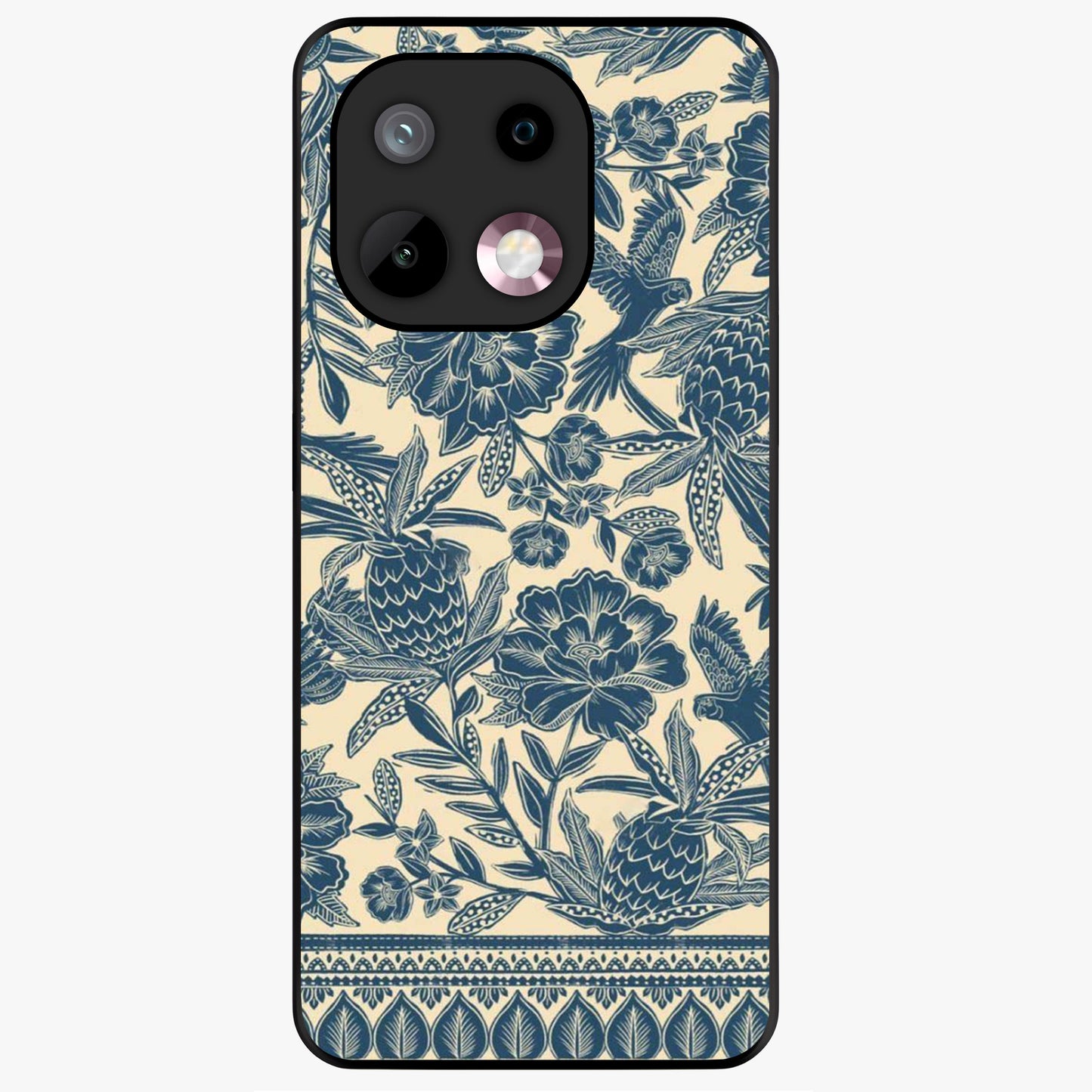 Heirloom Wild Bloom Glass Case showing flat back view with vintage inspired wild flower artwork and glossy glass finish.