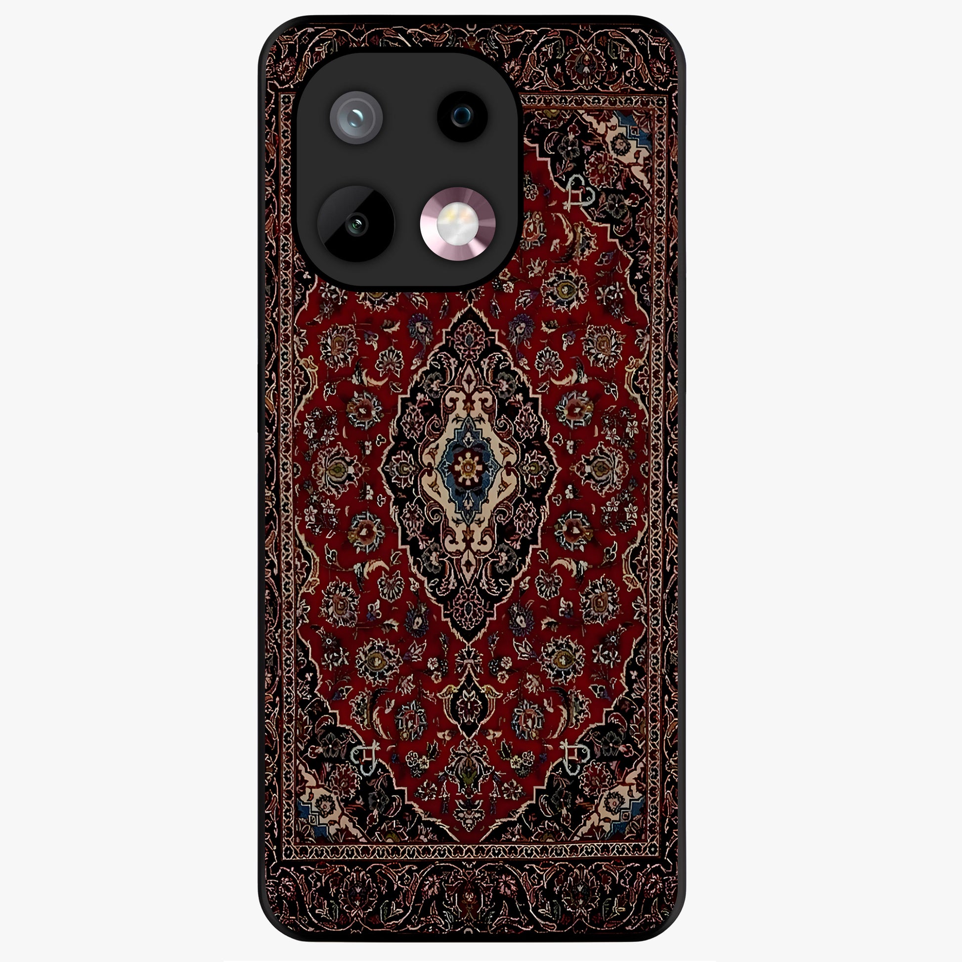 Heritage Carpet Royale Glass Case showing flat back view with ornate Persian carpet inspired pattern and glossy glass finish.