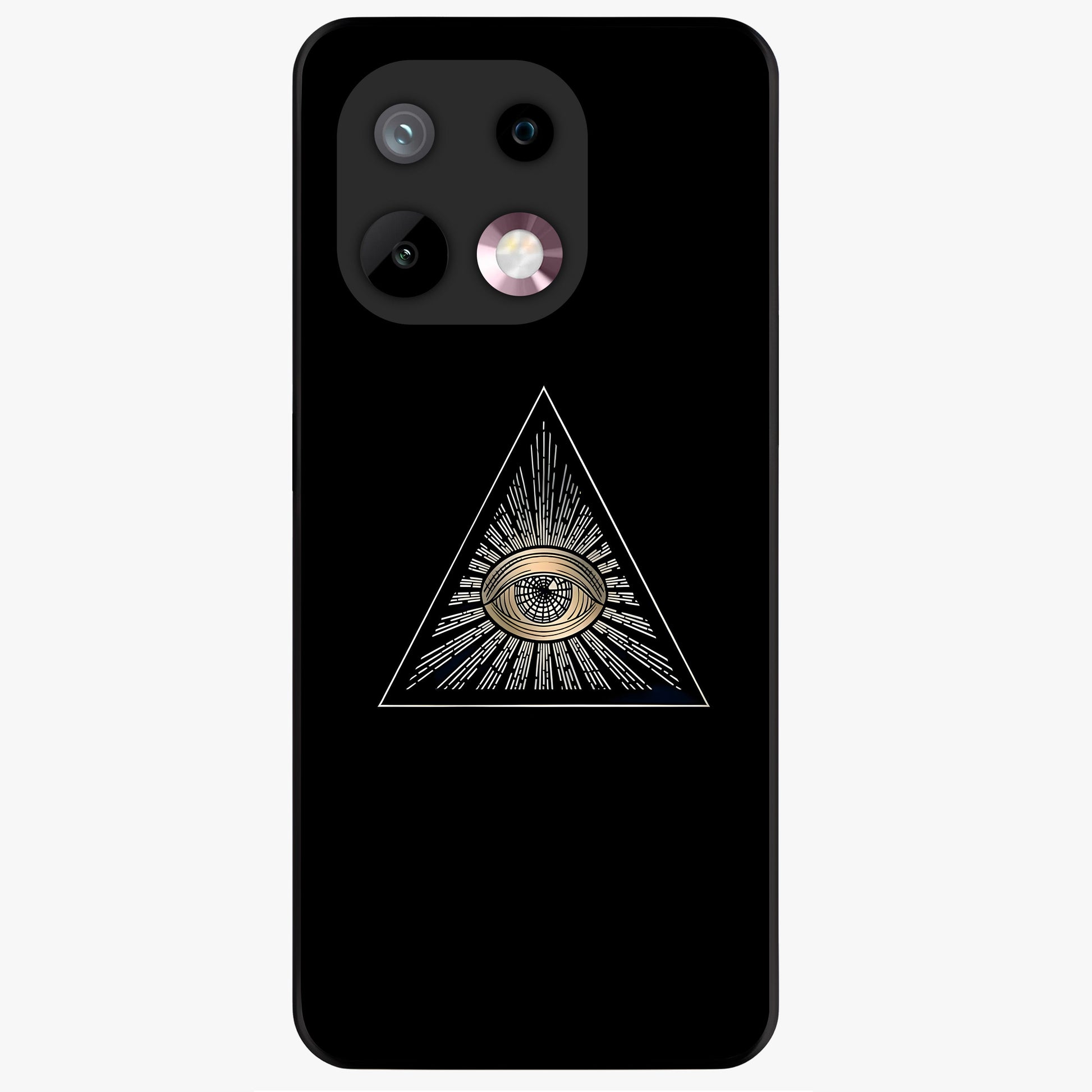 Illuminati Evil Glass Case showing flat back view with mysterious illuminati symbol artwork and glossy glass finish.