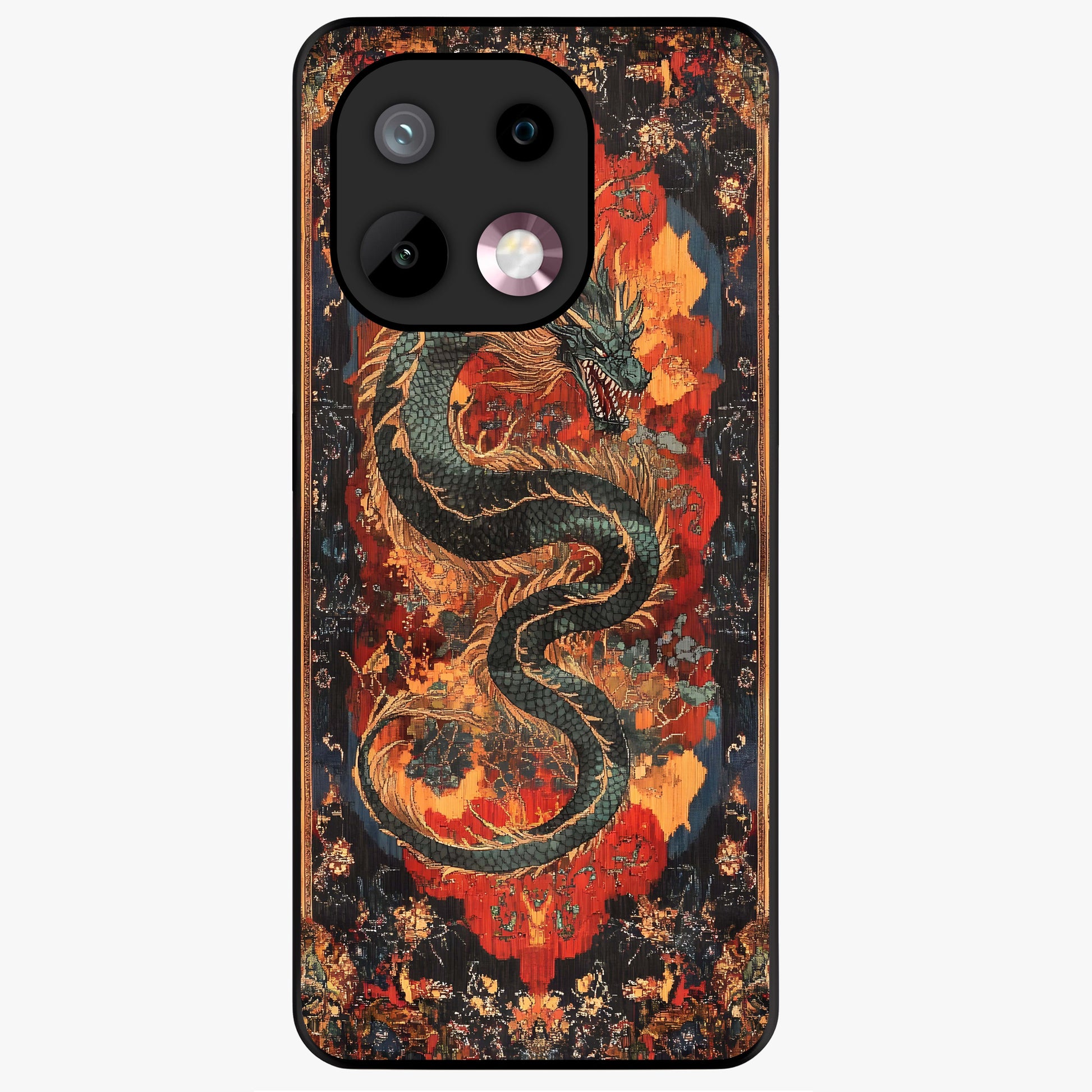 Inferno Dragon Soul Glass Case showing flat back view with fiery dragon artwork and glossy glass finish.