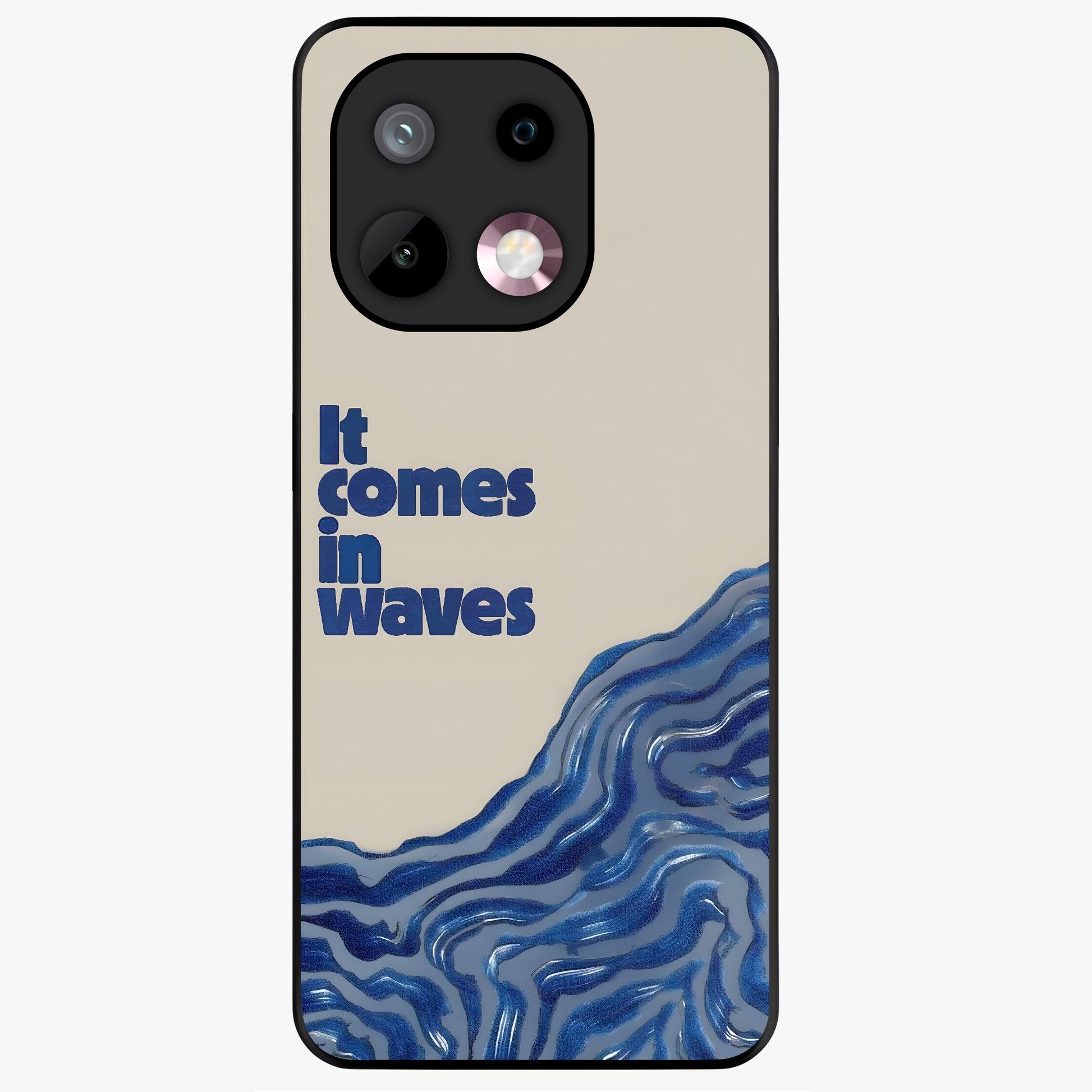 It Comes In Waves Quote Glass Case showing flat back view with inspirational wave themed quote artwork and glossy glass finish.