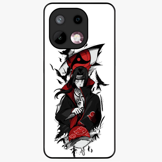 Itachi Sharingan Glass Case showing flat back view with powerful anime eye artwork and glossy glass finish.