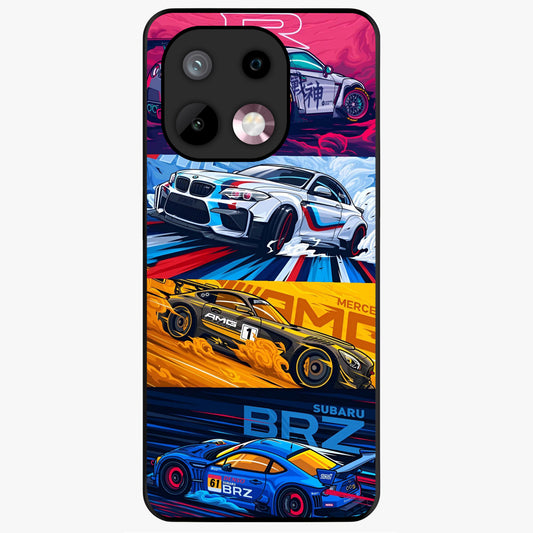 JDM Sports Car Glass Case showing flat back view with high performance sports car artwork and glossy glass finish.