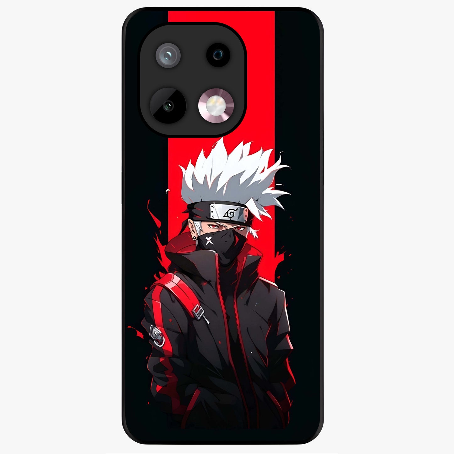 Kakashi Scarlet Shadow Glass Case showing flat back view with powerful anime ninja artwork and glossy glass finish.