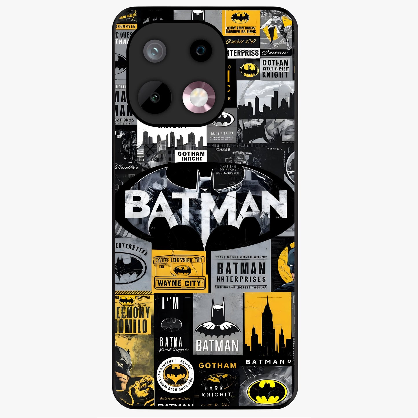 Knight Gotham Rise Glass Case showing flat back view with dark hero inspired artwork and glossy glass finish.