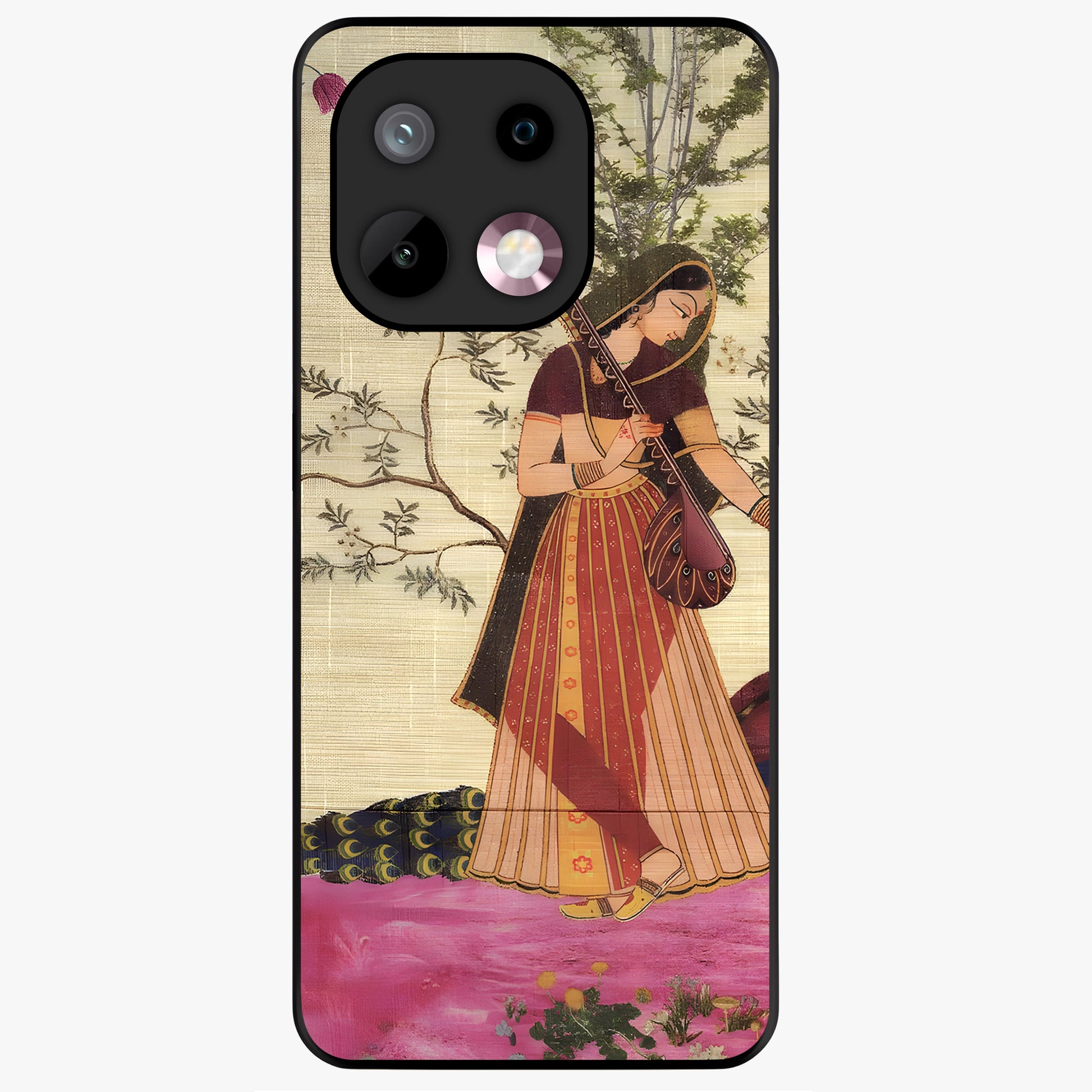 Lady With Veena Art Glass Case showing flat back view with elegant woman playing veena artwork and glossy glass finish.