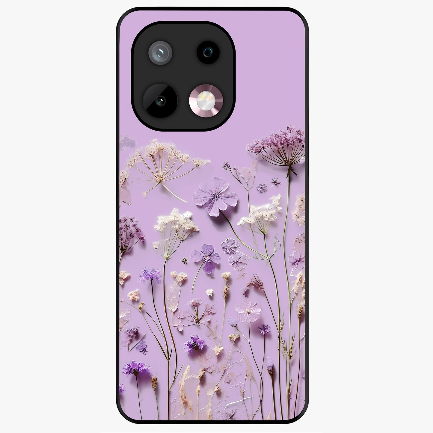 Lavender Blossom Dream Glass Case showing flat back view with soft lavender floral artwork and glossy glass finish.