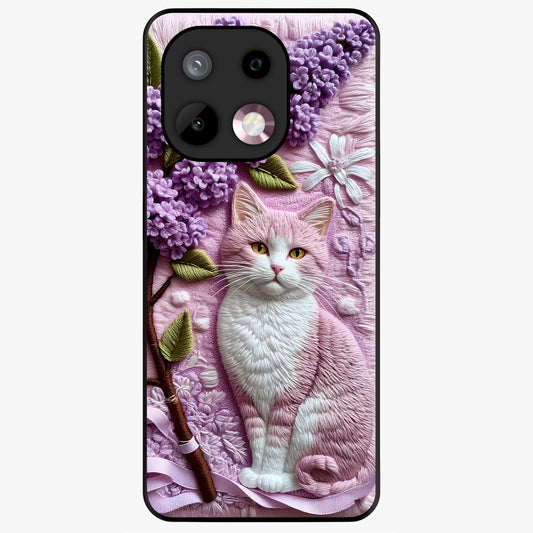 Lavender Cat Whimsy Glass Case showing flat back view with cute lavender cat artwork and glossy glass finish.