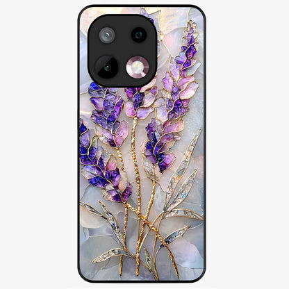 Lavender Dream Glow Glass Case showing flat back view with glowing lavender aesthetic artwork and glossy glass finish.
