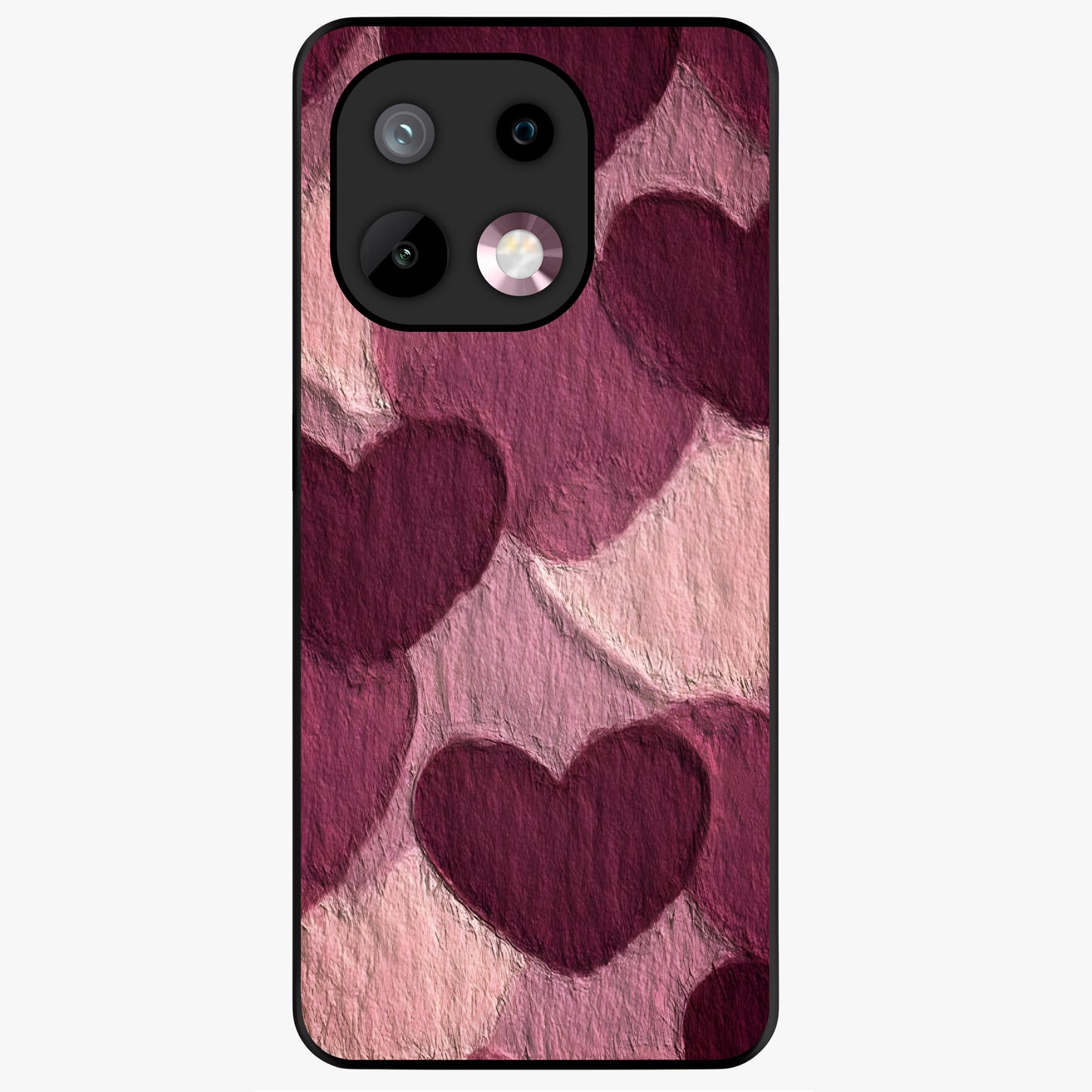 Layered Paper Hearts Glass Case showing flat back view with layered paper heart artwork and glossy glass finish.