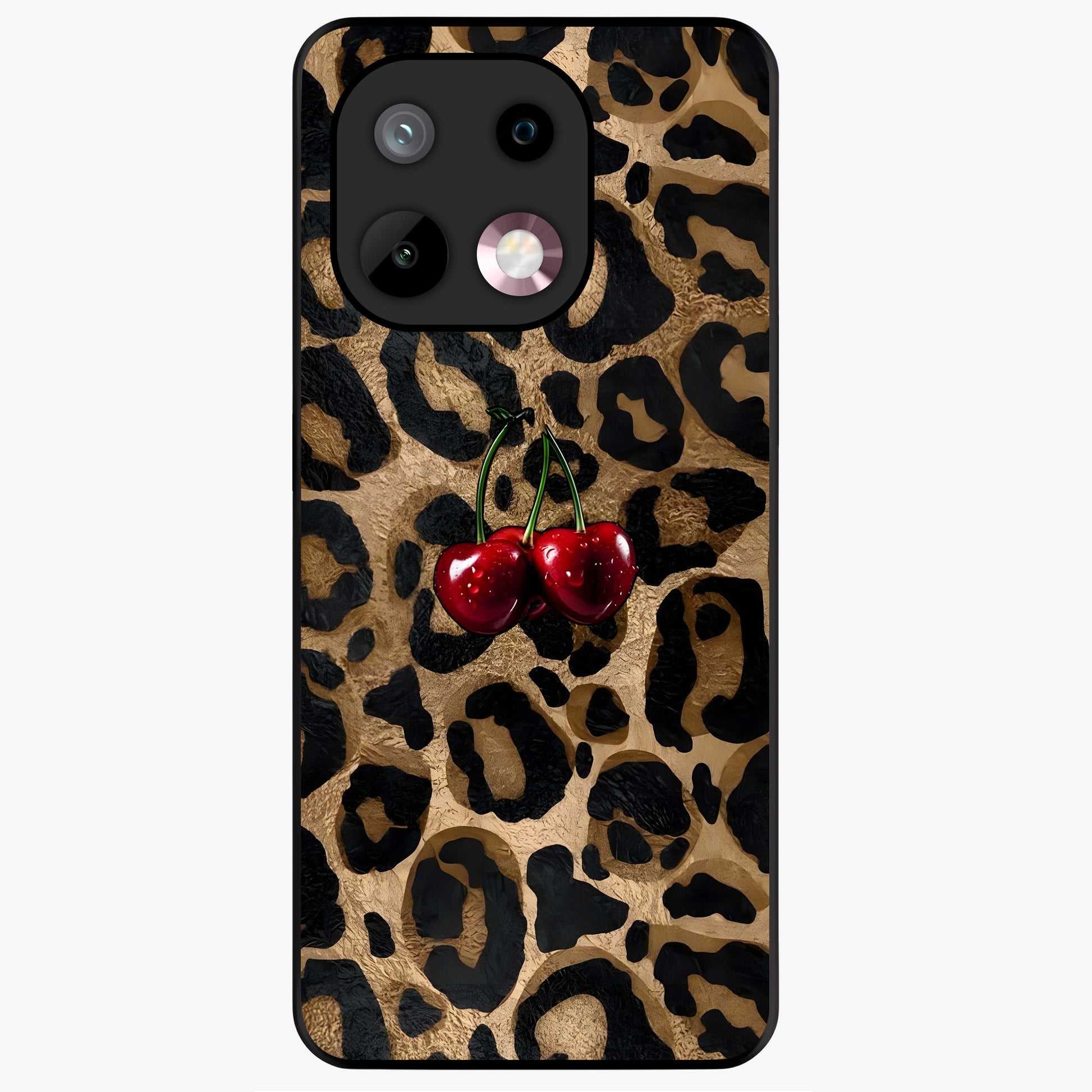 Leopard Wild Cherry Glass Case showing flat back view with leopard pattern and cherry artwork and glossy glass finish.