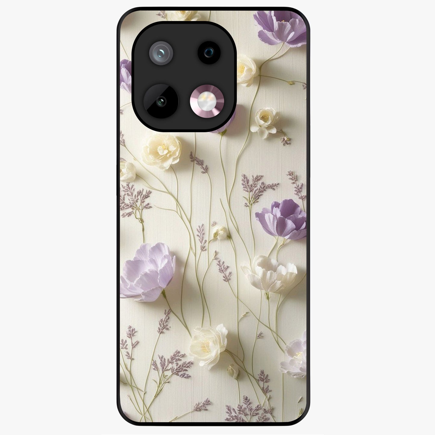 Lilac Breeze Harmony Glass Case showing flat back view with soft lilac themed artwork and glossy glass finish.