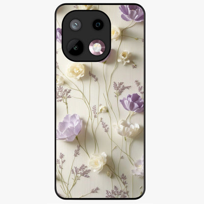 Lilac Breeze Harmony Glass Case showing flat back view with soft lilac themed artwork and glossy glass finish.