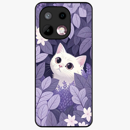 Lilac Hide Peek Cat Glass Case showing flat back view with cute peeking cat artwork and glossy glass finish.