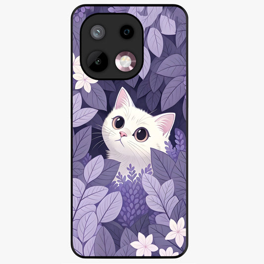 Lilac Hide Peek Cat Glass Case showing flat back view with cute peeking cat artwork and glossy glass finish.