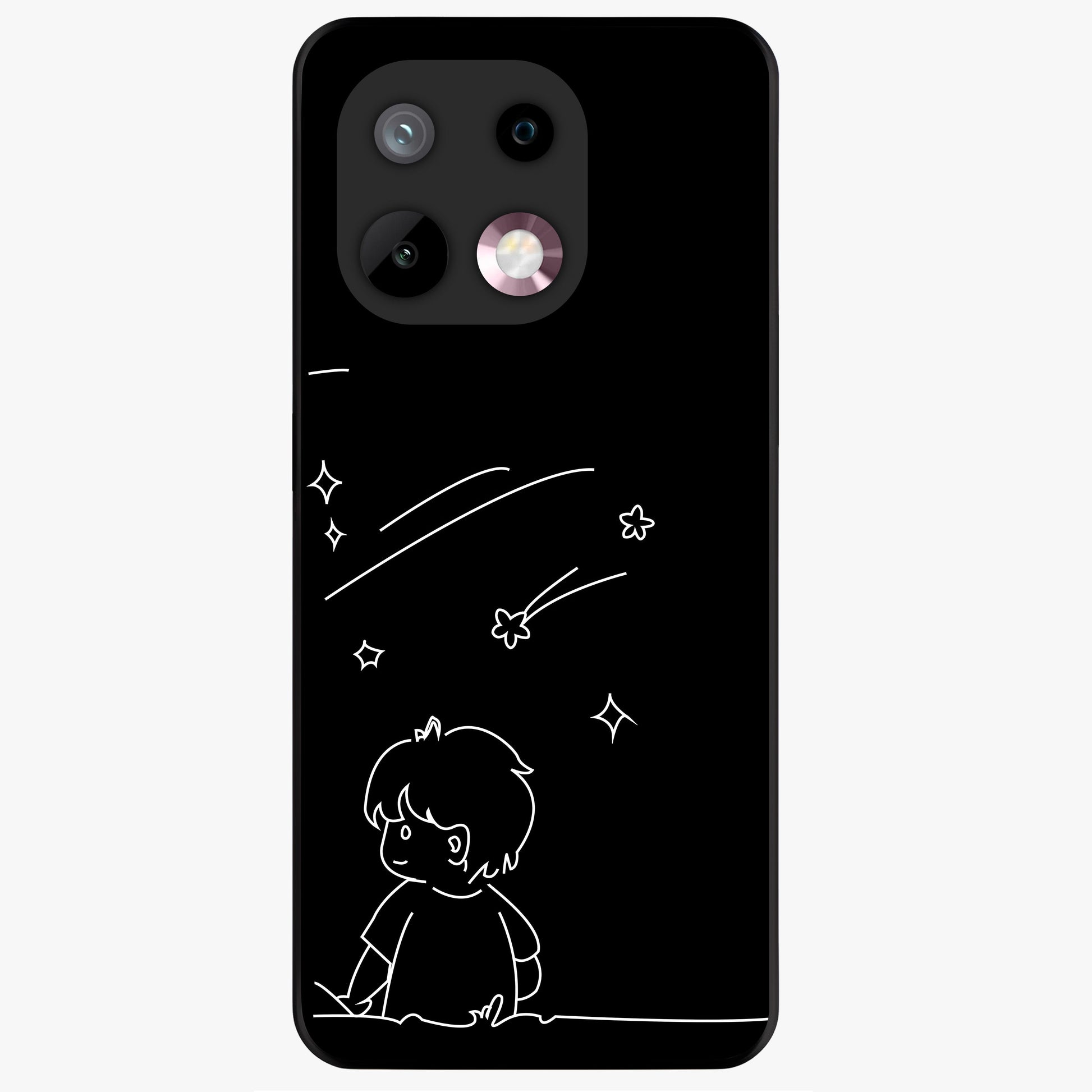Line Art Boy With Shooting Stars Glass Case showing flat back view with minimal line art boy and shooting stars illustration and glossy glass finish.