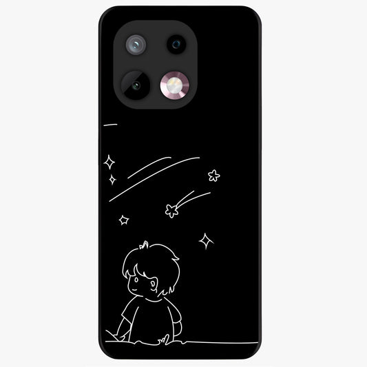 Line Art Boy With Shooting Stars Glass Case showing flat back view with minimal line art boy and shooting stars illustration and glossy glass finish.
