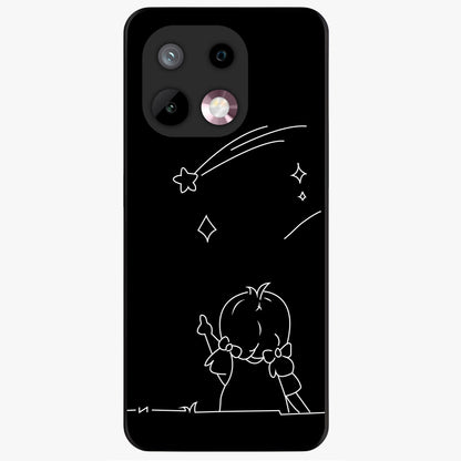 Line Art Girl With Shooting Stars Glass Case showing flat back view with minimal line art girl and shooting stars illustration and glossy glass finish.