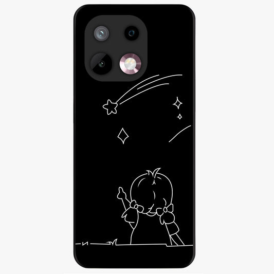 Line Art Girl With Shooting Stars Glass Case showing flat back view with minimal line art girl and shooting stars illustration and glossy glass finish.
