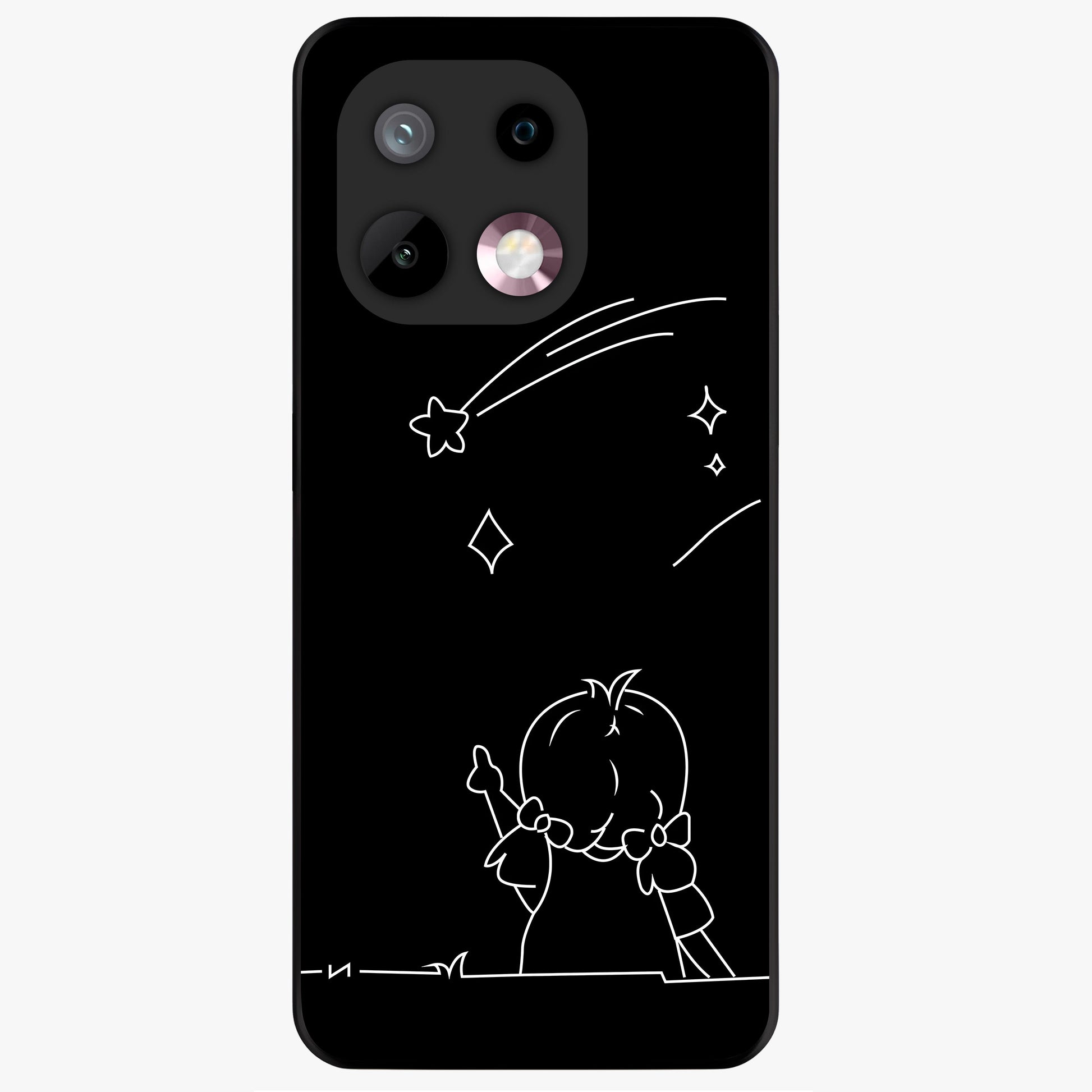 Line Art Girl With Shooting Stars Glass Case showing flat back view with minimal line art girl and shooting stars illustration and glossy glass finish.