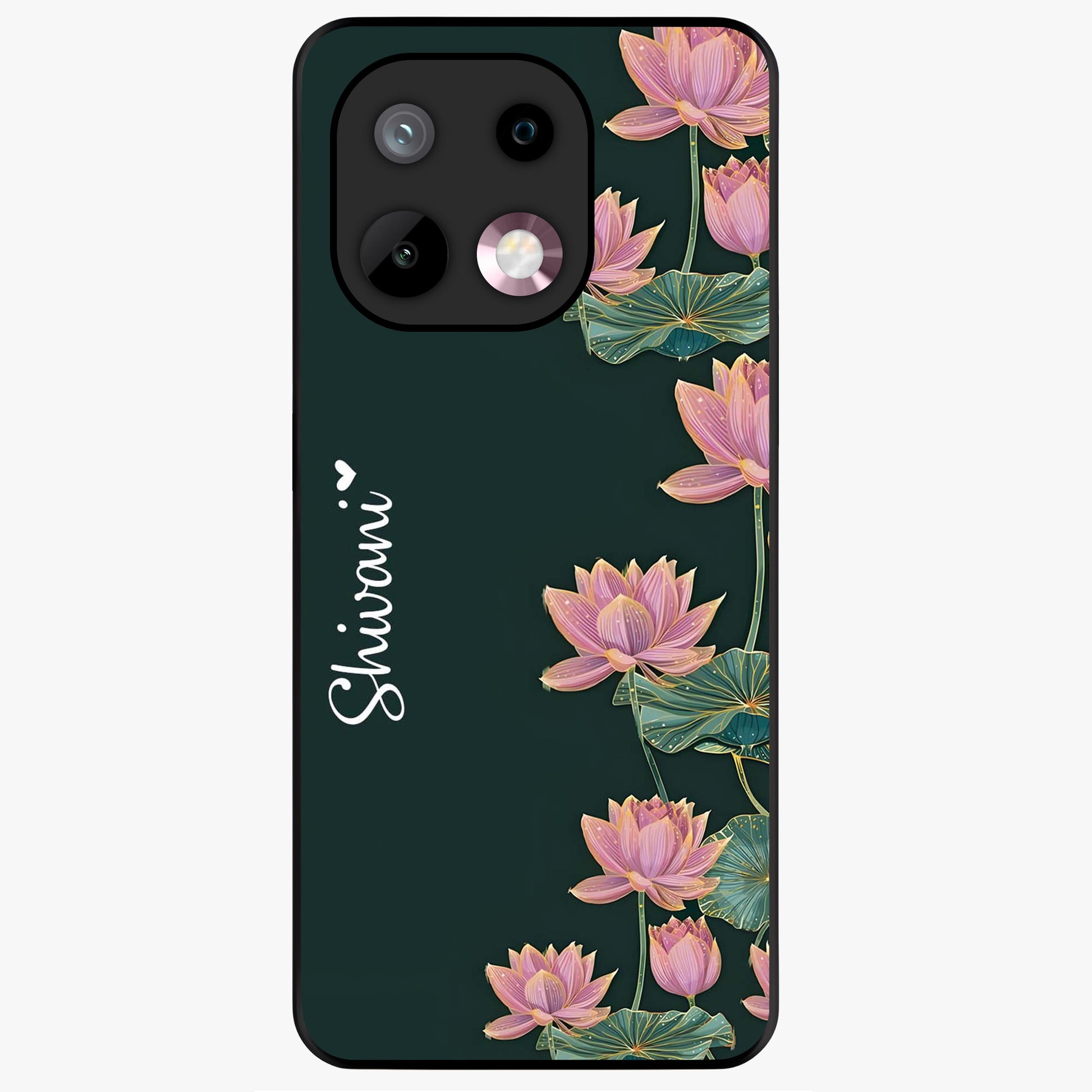 Lotus Bloom Serenity Custom Name Glass Case showing flat back view with elegant lotus flower artwork and personalized name design.