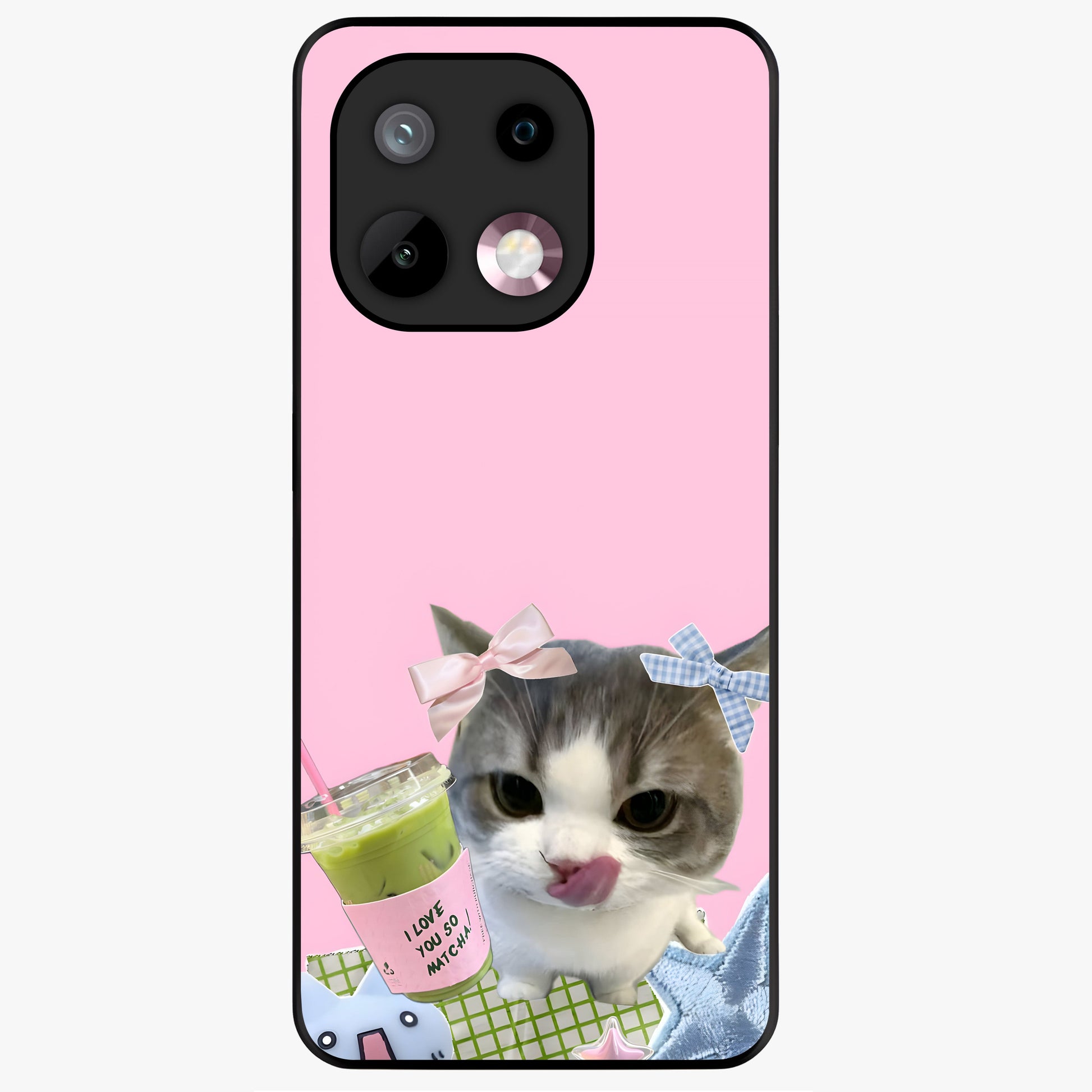 Love Matcha Cat Glass Case showing flat back view with cute cat and matcha themed artwork and glossy glass finish.