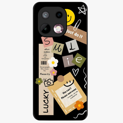 Lucky Aesthetic Collage Glass Case showing flat back view with trendy aesthetic collage artwork and glossy glass finish.