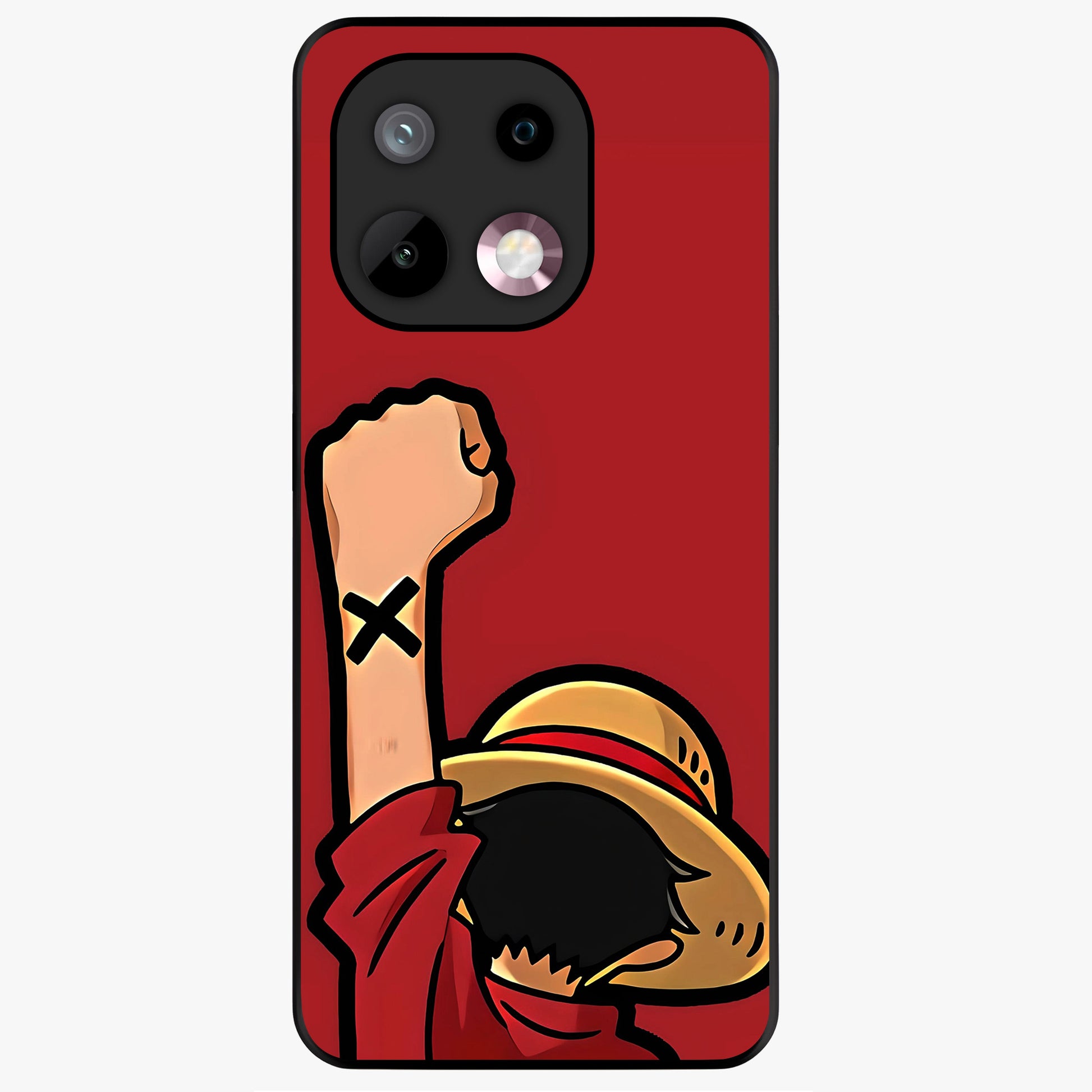Luffy X Spirit Glass Case showing flat back view with bold anime character artwork and glossy glass finish.