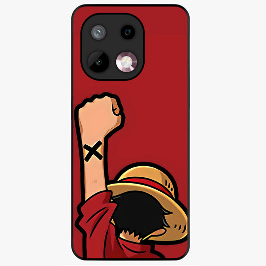 Luffy X Spirit Glass Case showing flat back view with bold anime character artwork and glossy glass finish.