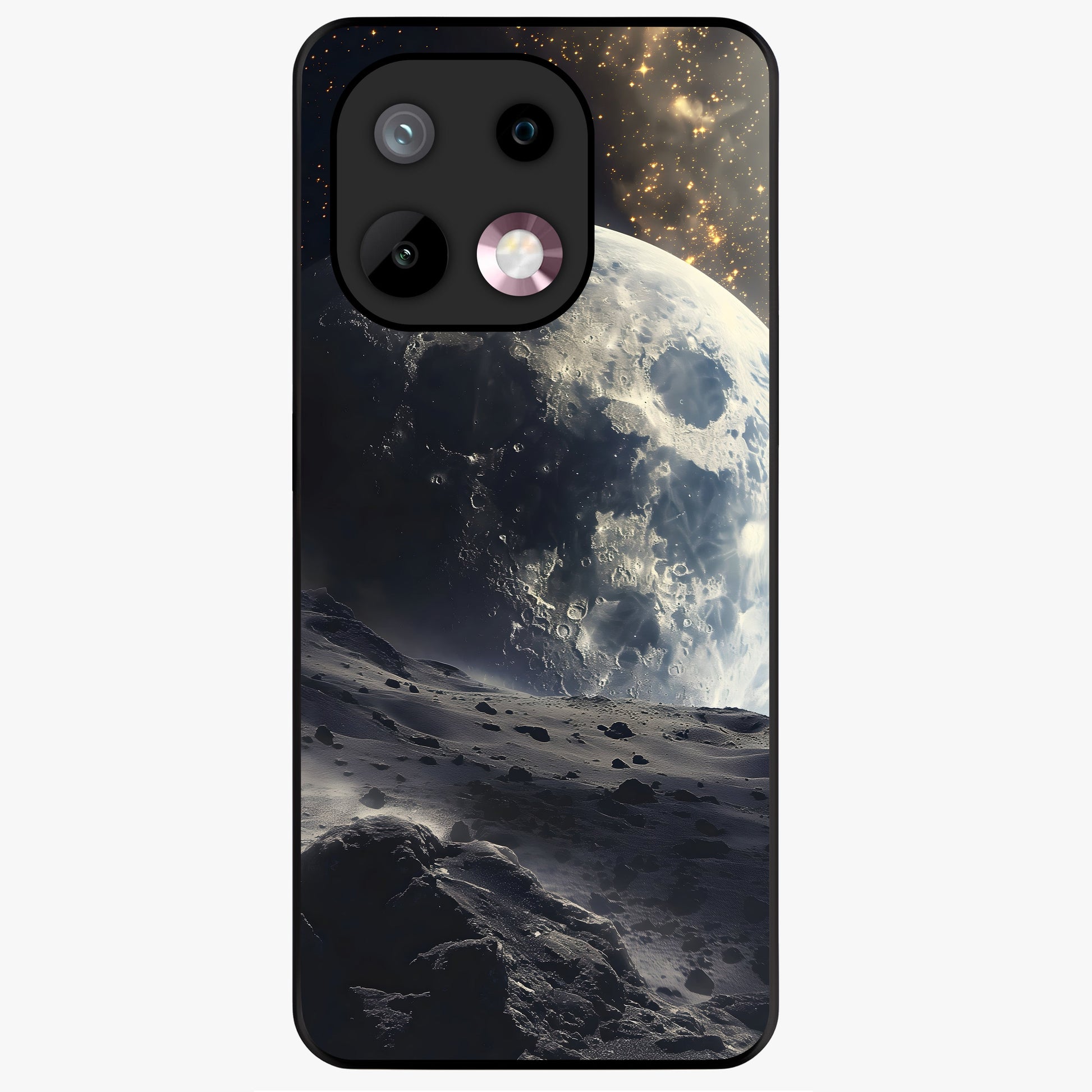 Lunar Horizon Glow Glass Case showing flat back view with glowing moon horizon artwork and glossy glass finish.
