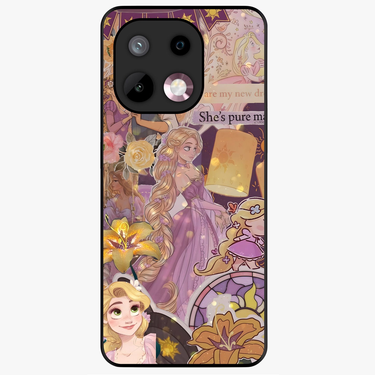 Magical Tangled Dream Glass Case showing flat back view with dreamy tangled artwork and glossy glass finish.
