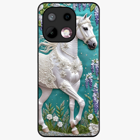 Majestic Floral Stallion Glass Case showing flat back view with powerful horse and floral artwork and glossy glass finish.