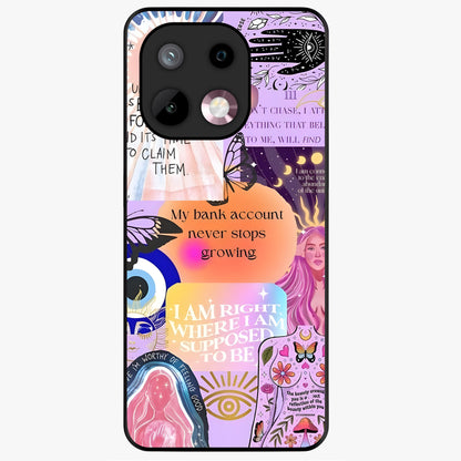 Manifestation Collage Glass Case showing flat back view with motivational collage artwork and glossy glass finish.