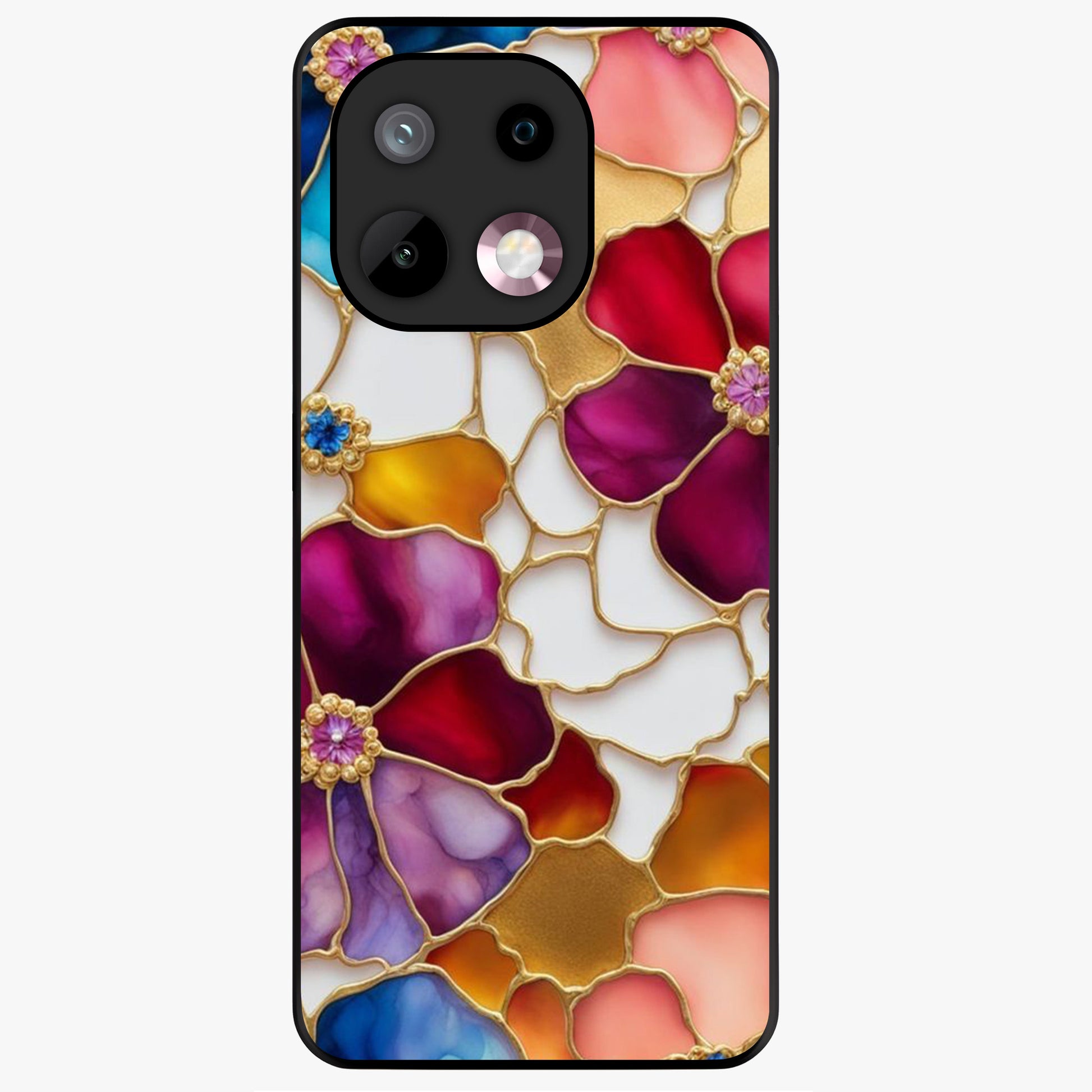 Marble Flower Pattern Glass Case showing flat back view with marble texture floral artwork and glossy glass finish.
