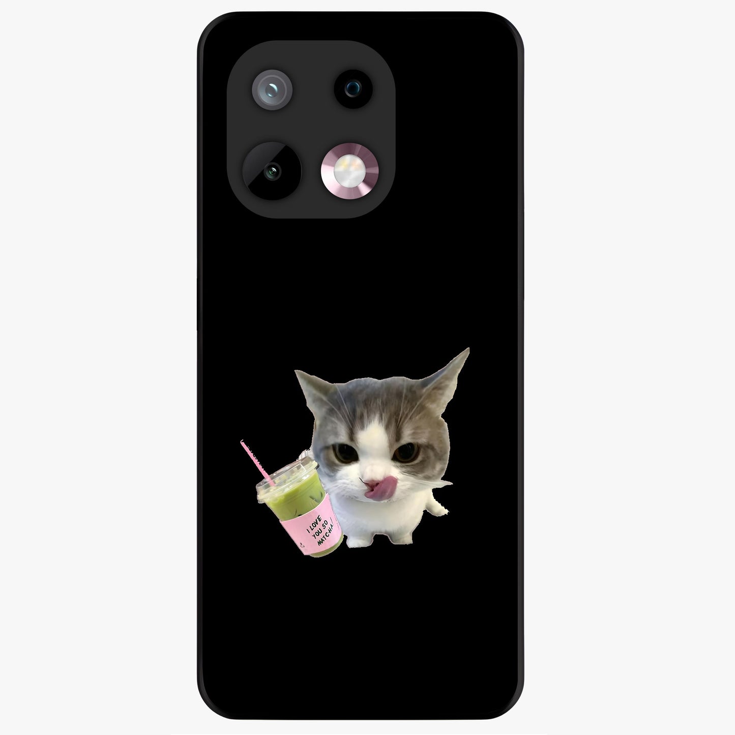 Matcha Cat Style Glass Case showing flat back view with cute matcha themed cat artwork and glossy glass finish.