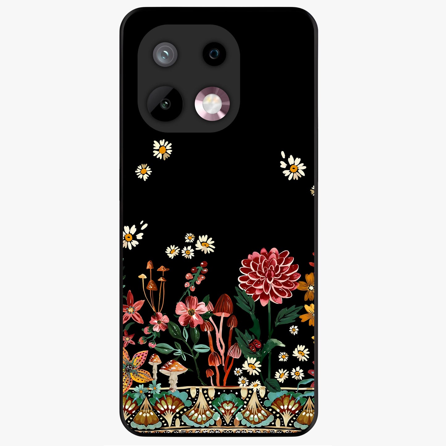 Midnight Bloom Pattern Glass Case showing flat back view with dark floral pattern artwork and glossy glass finish.