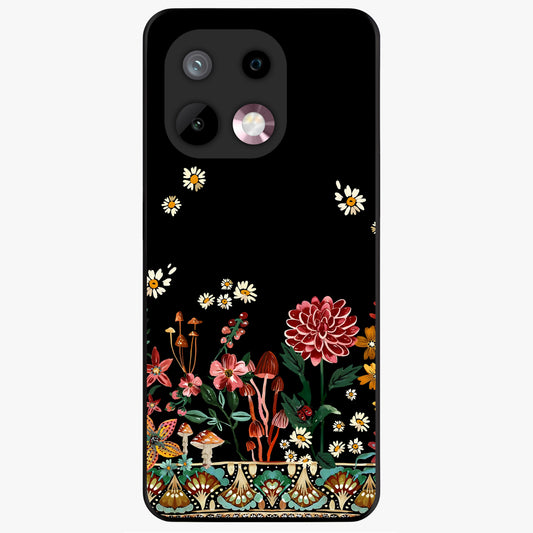 Midnight Bloom Pattern Glass Case showing flat back view with dark floral pattern artwork and glossy glass finish.