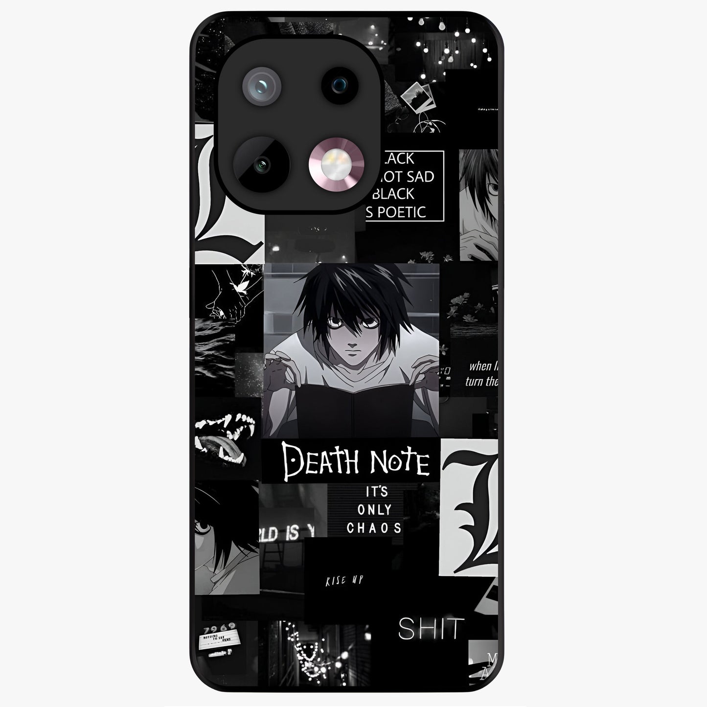 Midnight Chaos Mind Glass Case showing flat back view with abstract dark themed artwork and glossy glass finish.