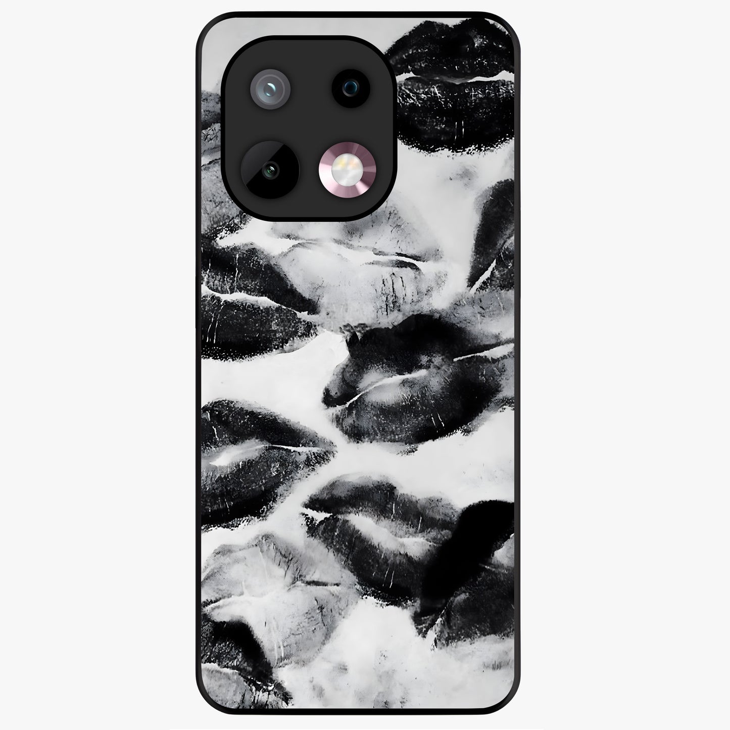 Midnight Kiss Marks Glass Case showing flat back view with lipstick kiss mark artwork and glossy glass finish.