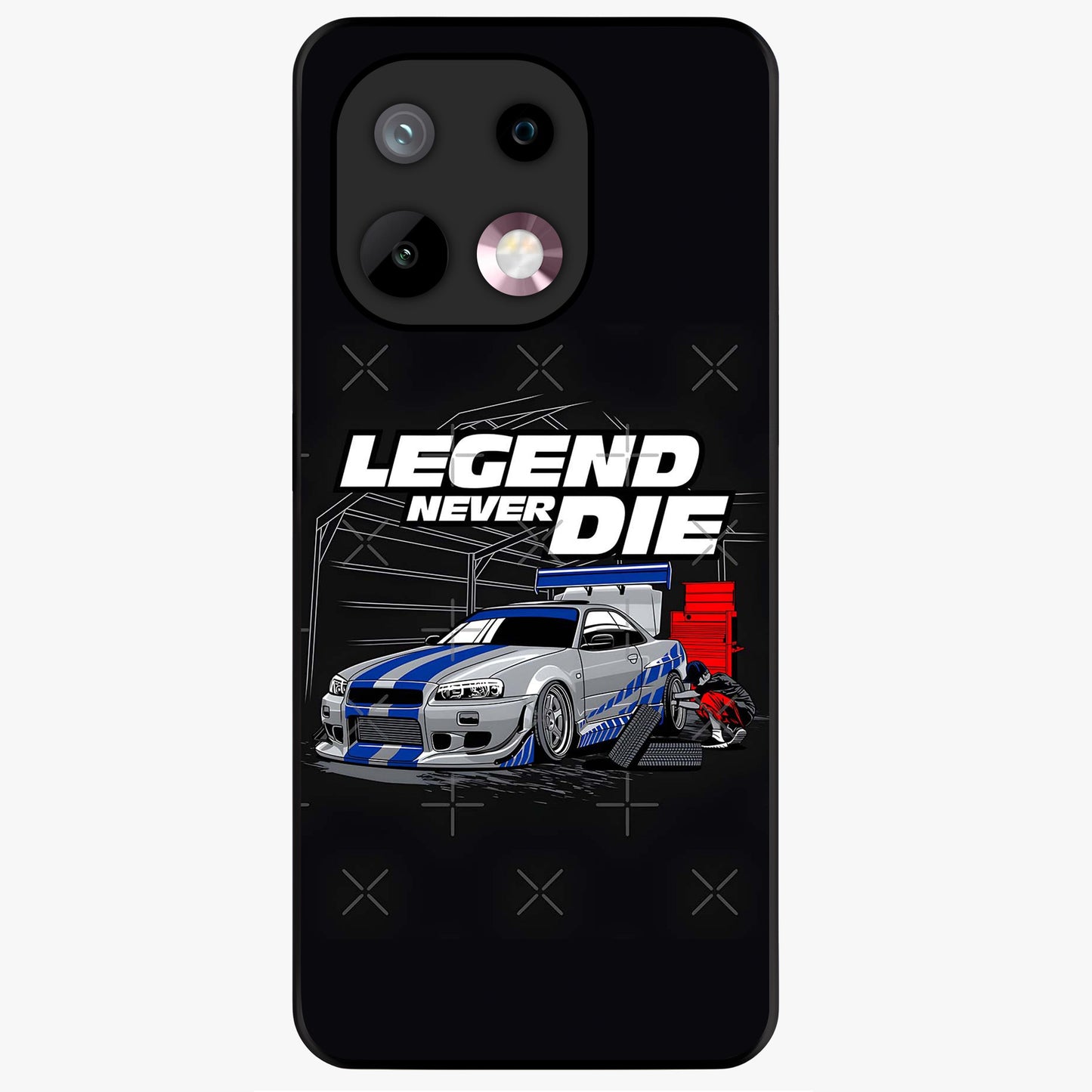 Midnight Racing Legacy Glass Case showing flat back view with sleek racing inspired artwork and glossy glass finish.