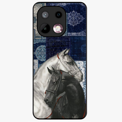 Midnight Stallion Blues Glass Case showing flat back view with majestic horse artwork and glossy glass finish.