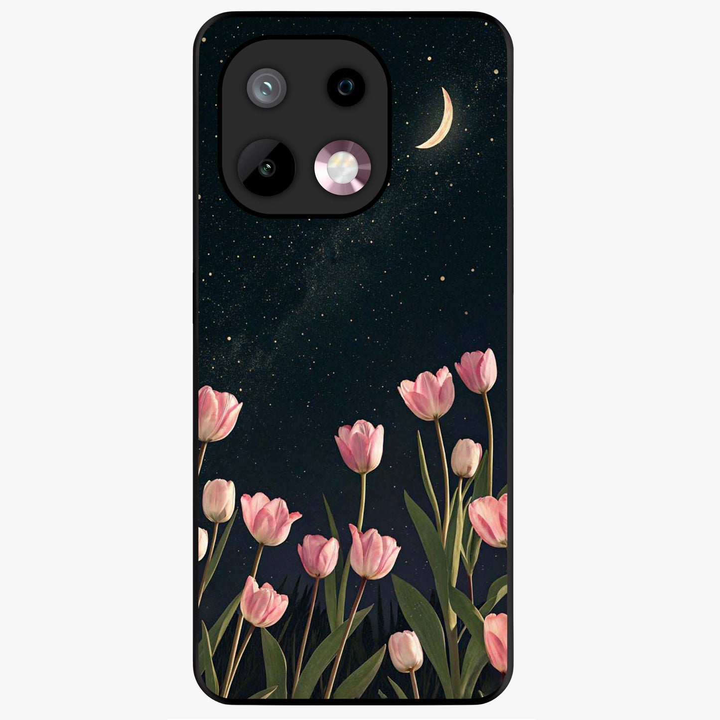 Midnight Tulip Whispers Vibe Glass Case showing flat back view with elegant tulip flower artwork and glossy glass finish.