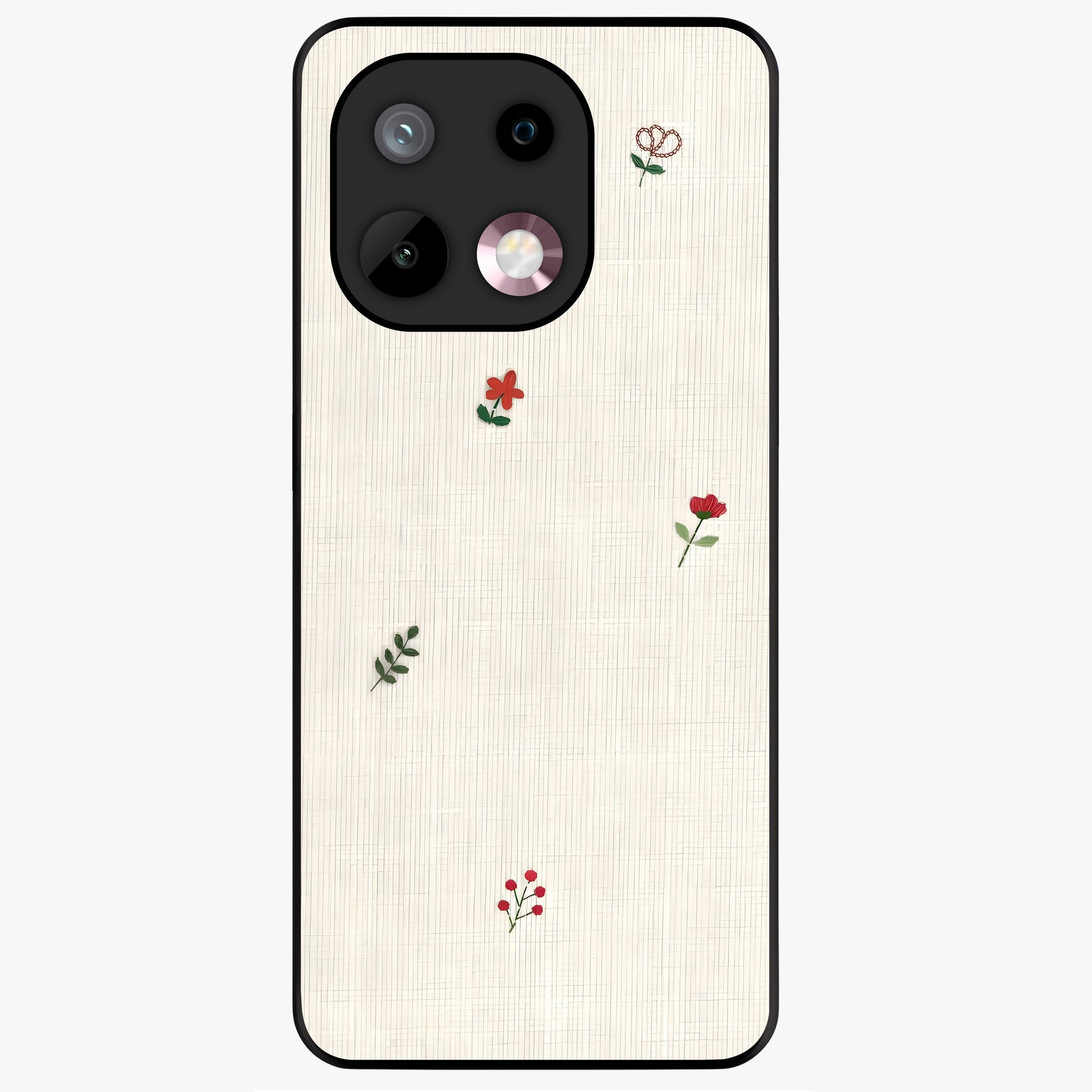 Minimal Petal Whispers Glass Case showing flat back view with soft minimal floral artwork and glossy glass finish.