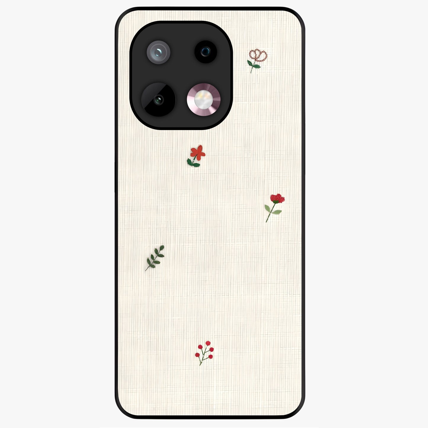 Minimal Petal Whispers Glass Case showing flat back view with soft minimal floral artwork and glossy glass finish.