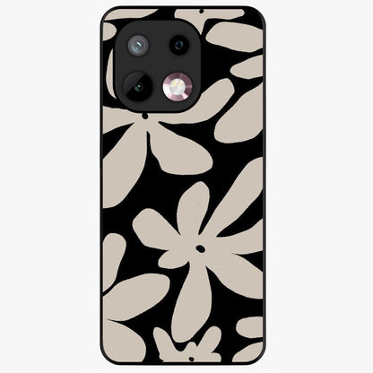 Monochrome Petal Dance Glass Case showing flat back view with monochrome floral artwork and glossy glass finish.